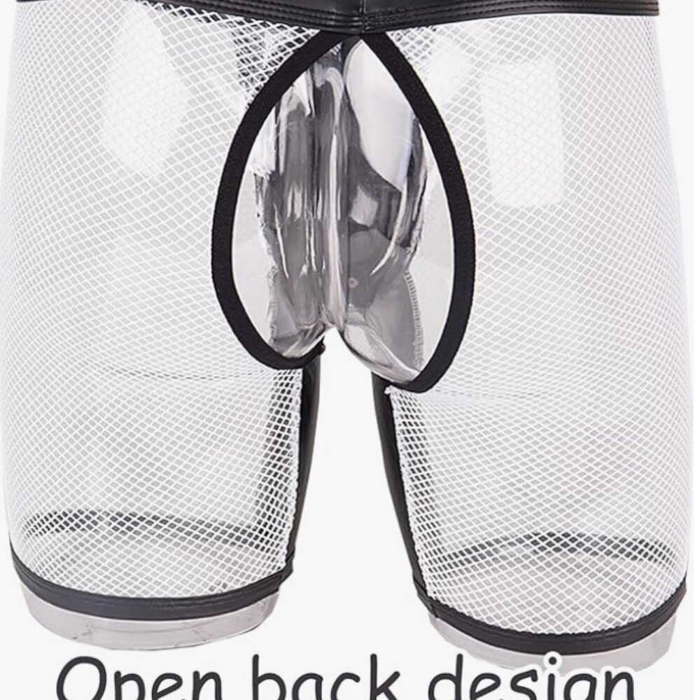 Men’s Sexy See-Through Mesh Shorts – Faux Leather Trim, Loose Fit, Erotic Clubwe - Picture 5 of 7